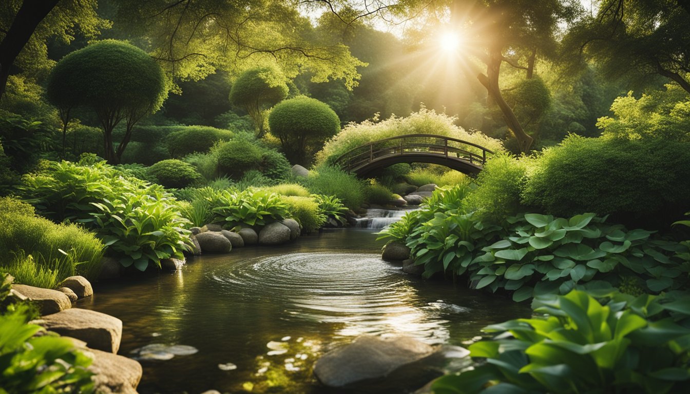 A serene garden with a flowing stream, lush greenery, and a glowing sun, symbolizing the interconnectedness of mind, body, and spirit