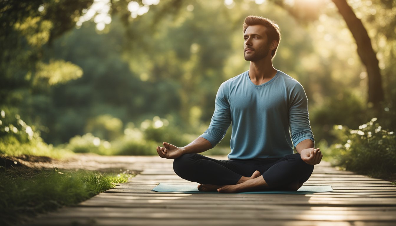 A figure surrounded by nature, practicing yoga or meditation in a serene setting with a peaceful and calm atmosphere