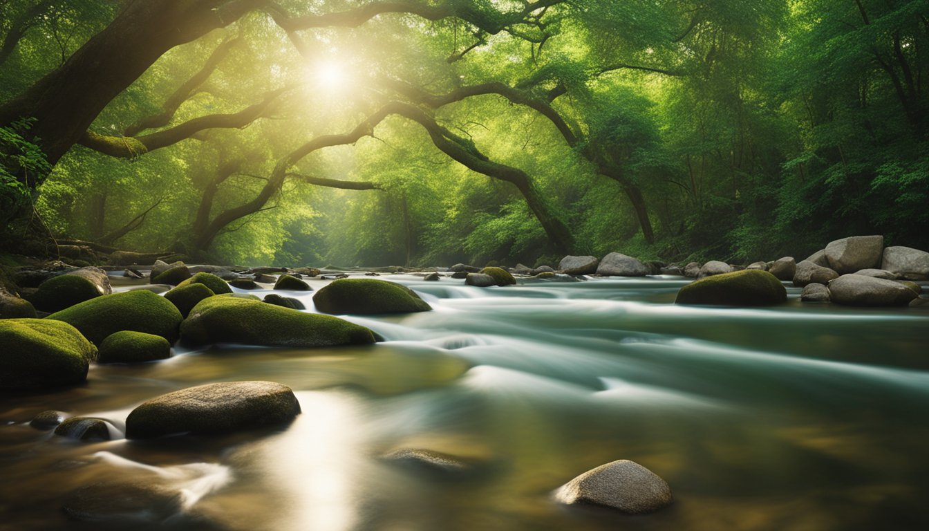 A serene, natural landscape with a flowing river, lush trees, and a clear sky, symbolizing the interconnectedness of mind, body, and spirit in holistic wellness