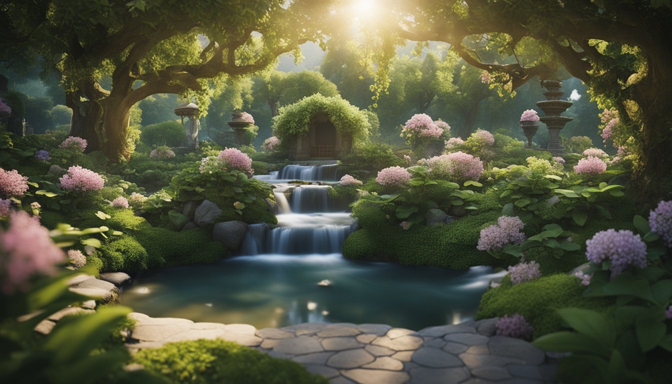 A serene garden with intertwining vines, flowing water, and blooming flowers symbolizing the interconnectedness of mind, body, and spirit