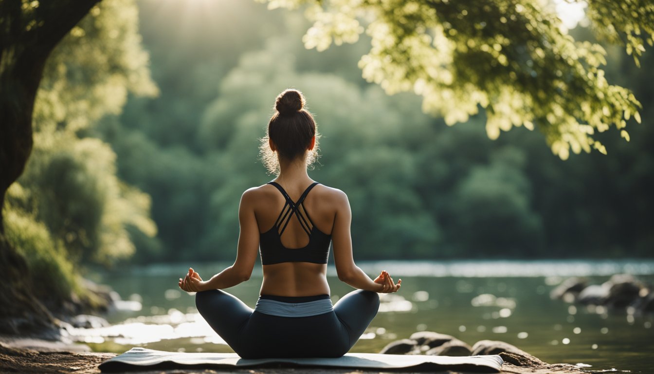 A person practicing yoga in a serene natural setting, surrounded by greenery and gently flowing water