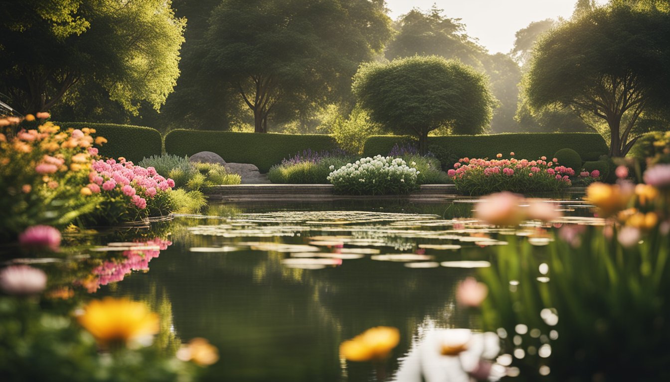 A serene garden with a tranquil pond, surrounded by lush greenery and vibrant flowers, with a gentle breeze and warm sunlight illuminating the space