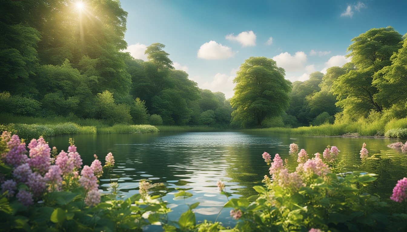 A serene nature scene with a calm, flowing river surrounded by lush greenery and vibrant flowers, with a clear blue sky overhead