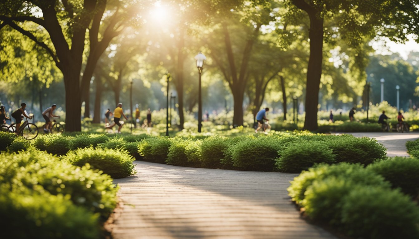 A serene park setting with a winding path, lush greenery, and a variety of exercise stations. The sun is shining, and there are people jogging, cycling, and practicing yoga