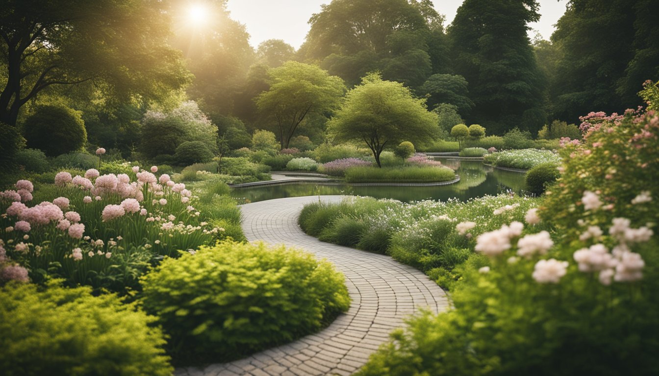 A serene garden with a winding path, blooming flowers, and a tranquil pond surrounded by lush greenery, evoking a sense of peace and spiritual connection