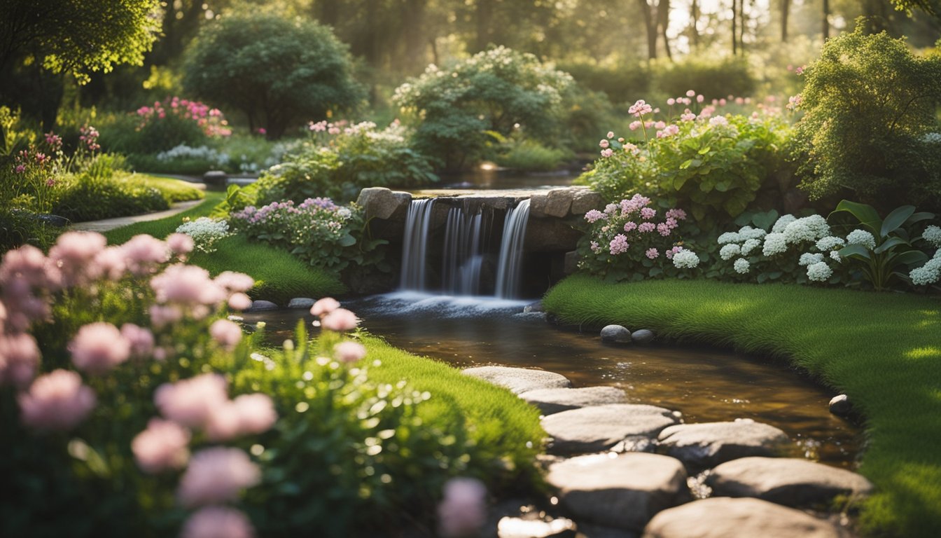 A serene garden with a flowing stream, lush greenery, and a tranquil meditation space surrounded by blooming flowers and gentle sunlight