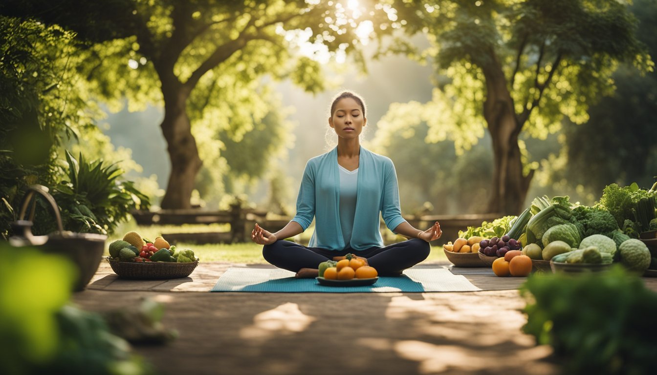 A serene setting with a person meditating, surrounded by greenery, engaging in yoga or tai chi, and preparing a healthy meal with fresh fruits and vegetables