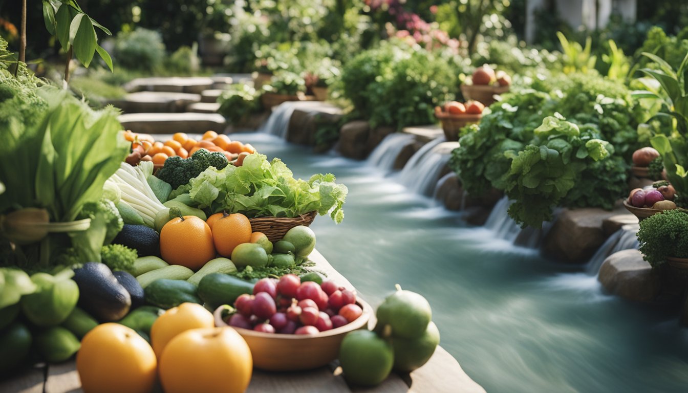 A serene garden with a flowing stream, yoga mats, and fresh fruits and vegetables