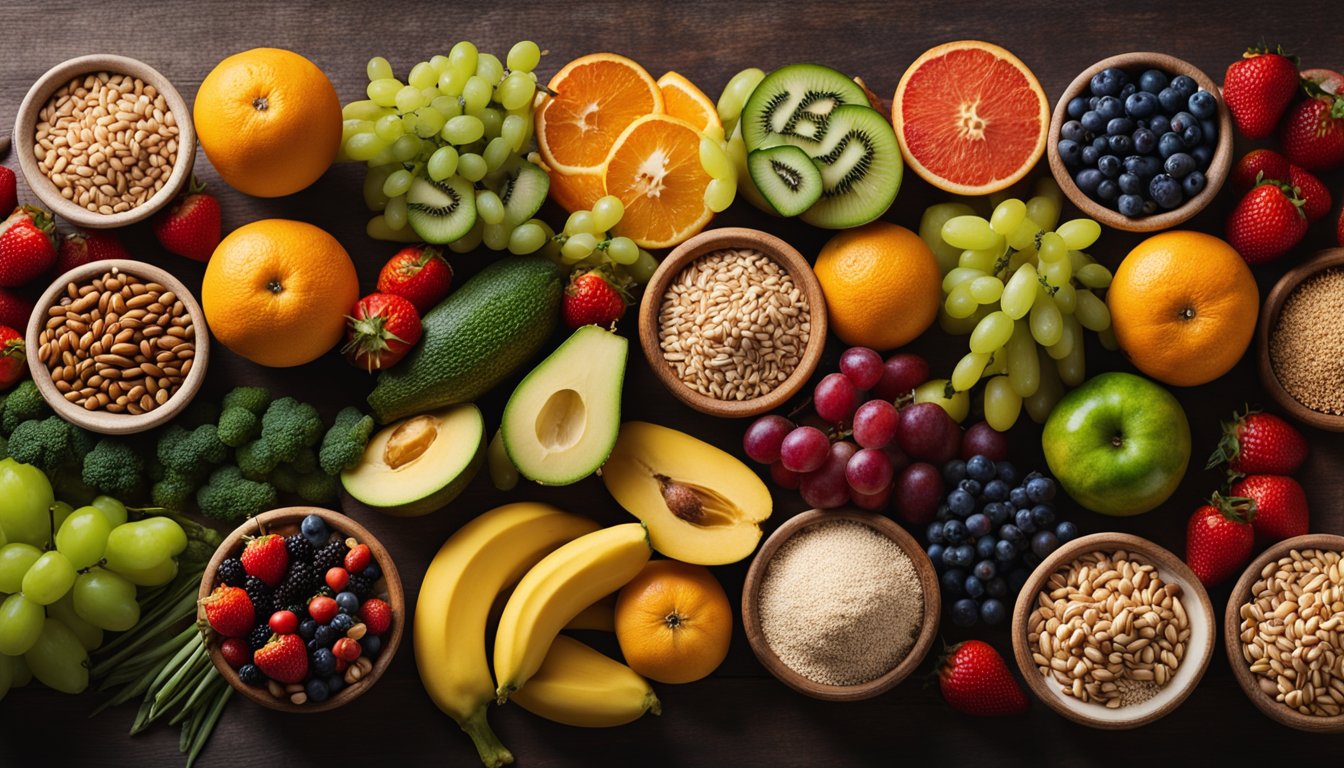 A vibrant array of colorful fruits, vegetables, and whole grains arranged in a balanced and harmonious composition, symbolizing the interconnectedness of nutrition and mental clarity in holistic living