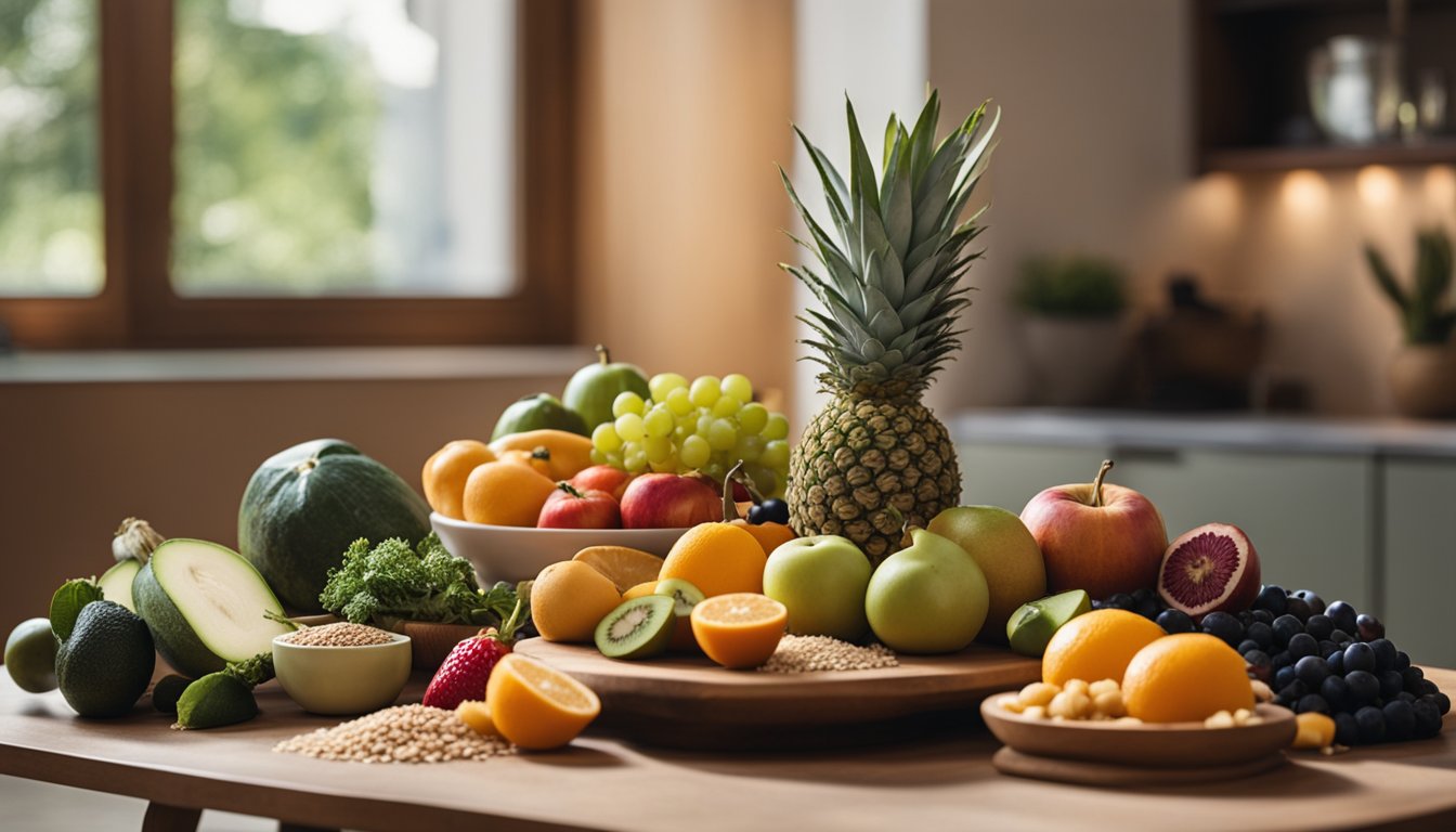 A table with a variety of colorful fruits, vegetables, and whole grains, surrounded by yoga mats and meditation cushions in a peaceful, sunlit room