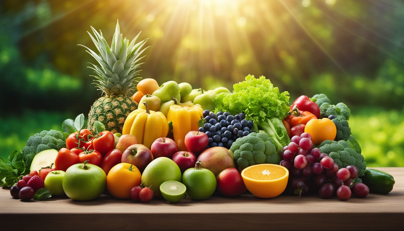 A vibrant array of fresh fruits and vegetables arranged in a bountiful display, surrounded by glowing rays of light symbolizing nourishment for the mind, body, and spirit