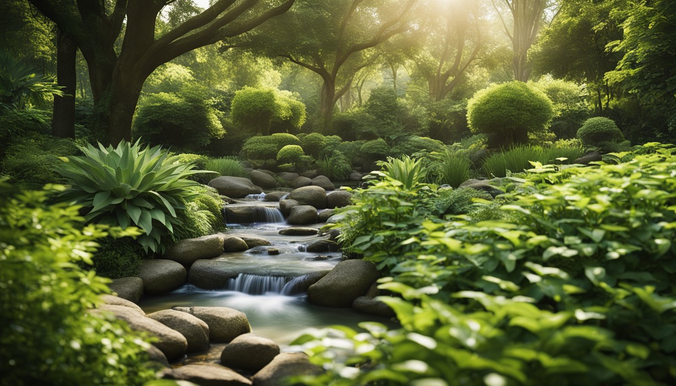 A serene garden with flowing water, lush greenery, and natural sunlight filtering through the trees, creating a peaceful and harmonious environment