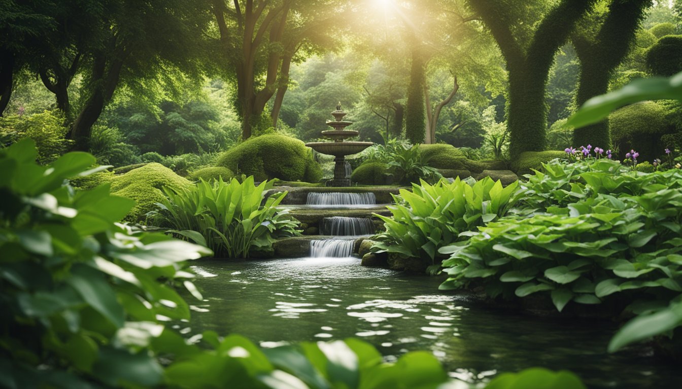 A serene garden with lush greenery, flowing water, and soft natural lighting, surrounded by gentle sounds of nature