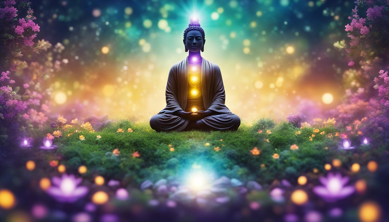 A serene figure meditates in a lush, vibrant garden, surrounded by swirling energy and glowing chakras, symbolizing the flow of holistic well-being