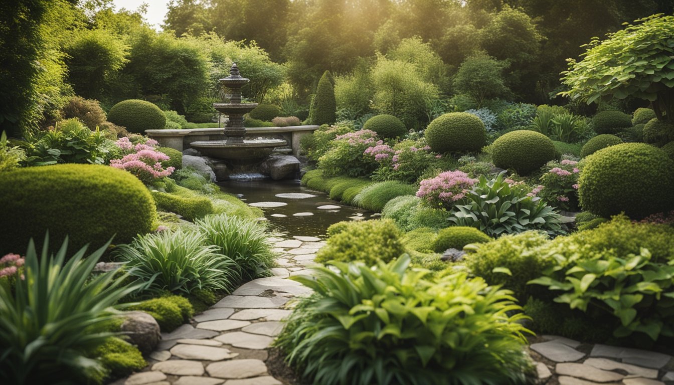 A serene garden with flowing water, vibrant plants, and balanced elements, radiating a sense of harmony and well-being