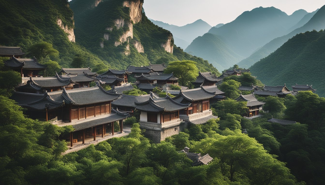 An ancient Chinese village with traditional architecture, surrounded by lush greenery and mountains, with a prominent acupuncture clinic at its center