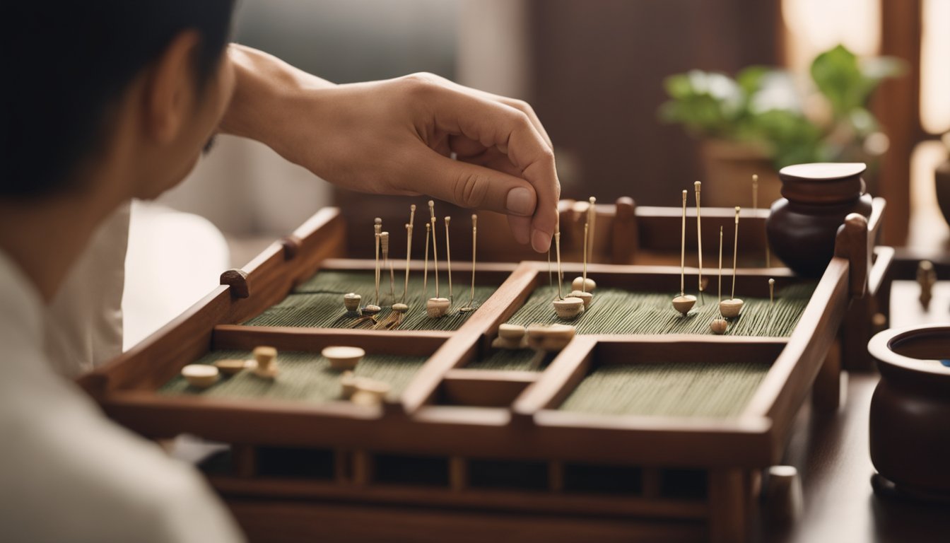 A traditional Chinese acupuncture clinic with wooden furniture, herbal remedies, and a practitioner inserting needles into a patient's body