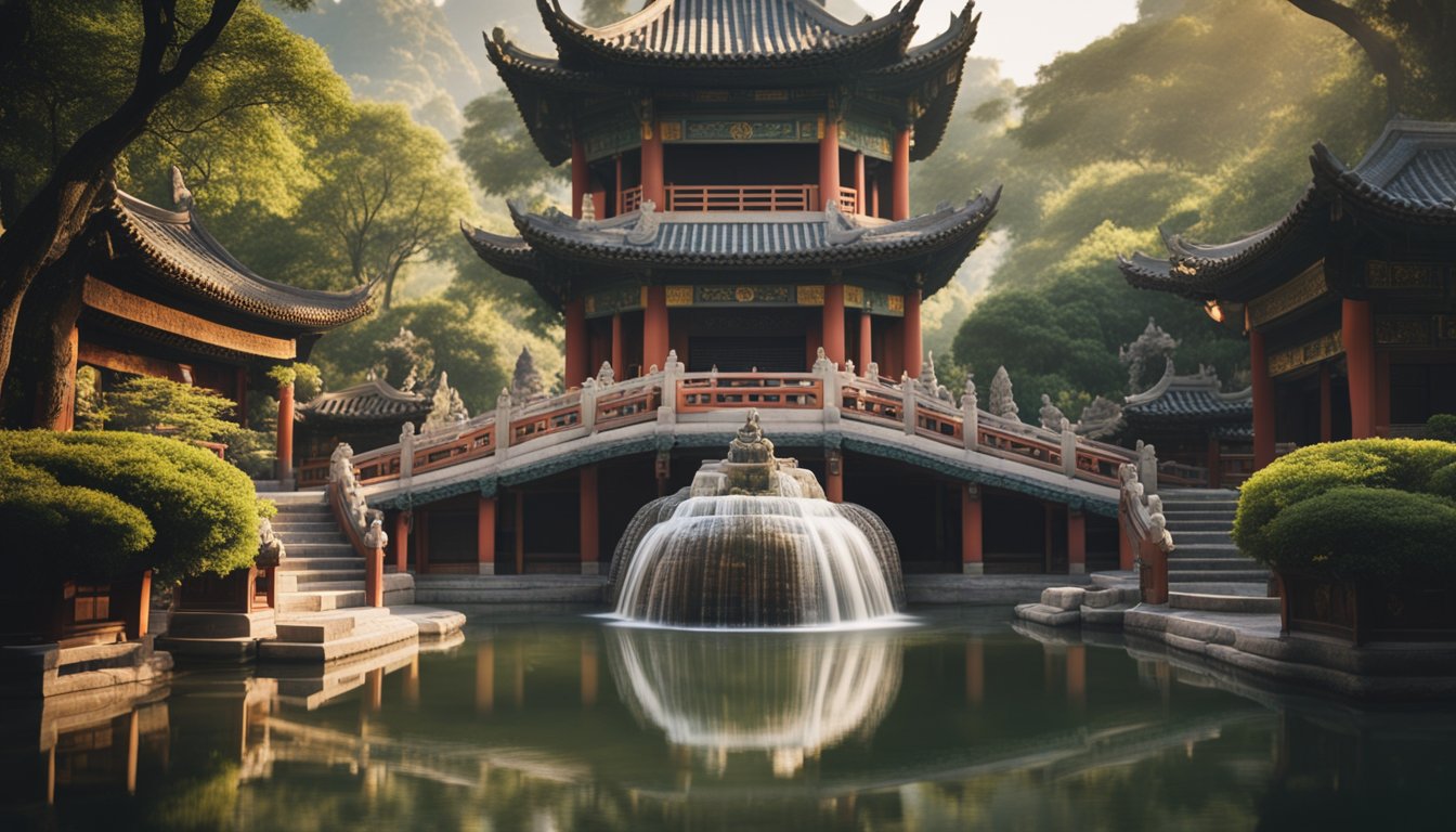 An ancient Chinese temple with intricate carvings and statues, surrounded by serene gardens and flowing streams, symbolizing the history and principles of acupuncture