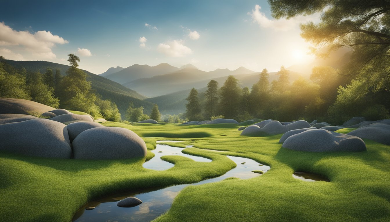 A serene landscape with flowing energy lines connecting natural elements, symbolizing the science behind acupuncture and its influence on healing processes