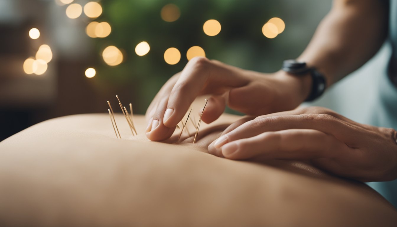 A serene setting with a person receiving acupuncture treatment, surrounded by calming decor and natural elements