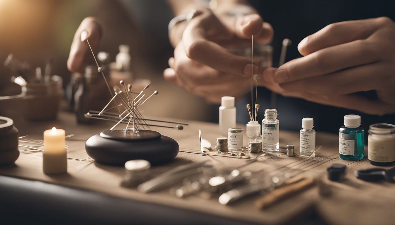 A serene setting with a practitioner using acupuncture needles on a model or mannequin, surrounded by various tools and charts