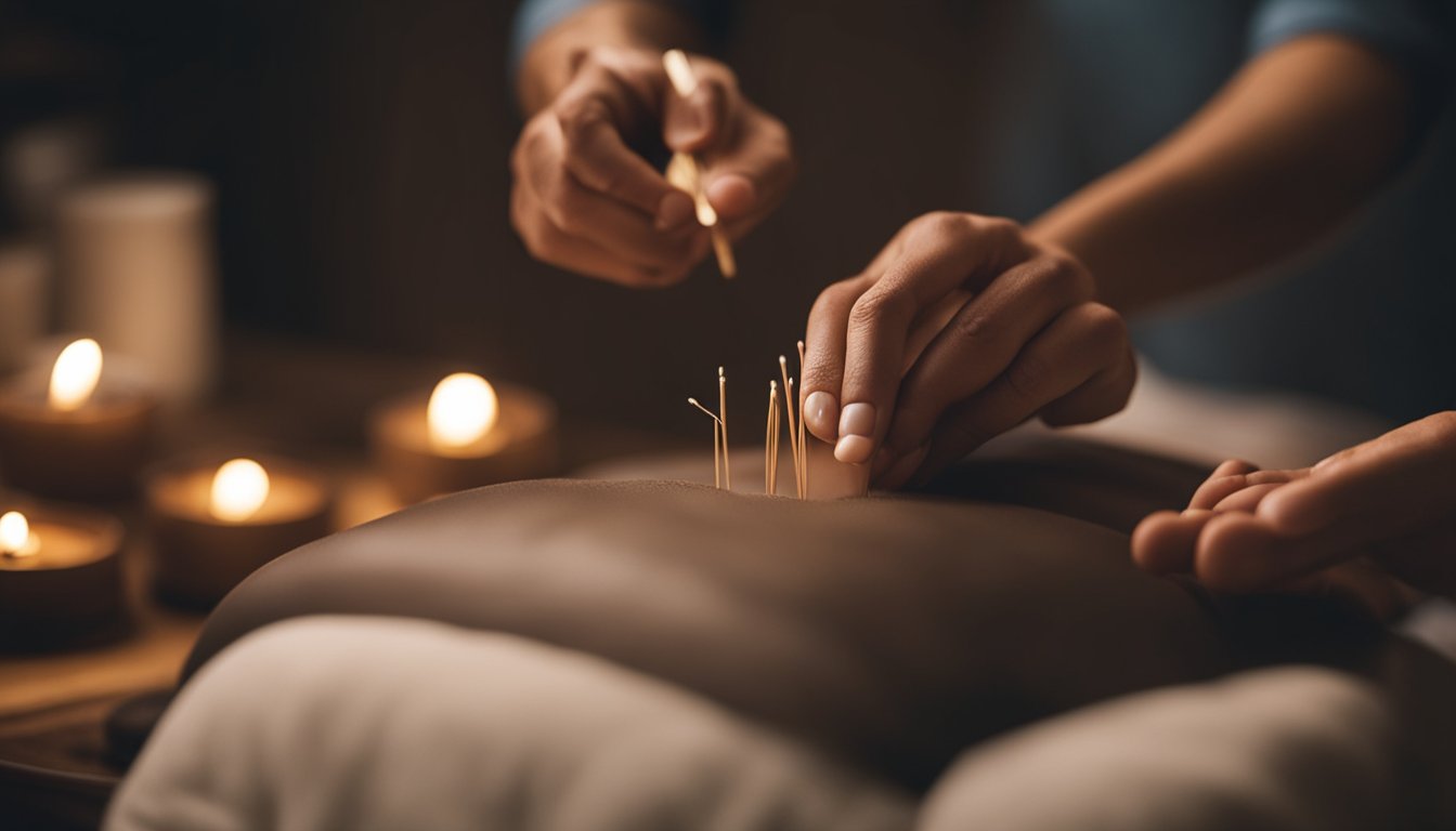 A serene setting with a person receiving acupuncture treatment for various pain conditions, surrounded by calming elements such as incense, soft lighting, and soothing music