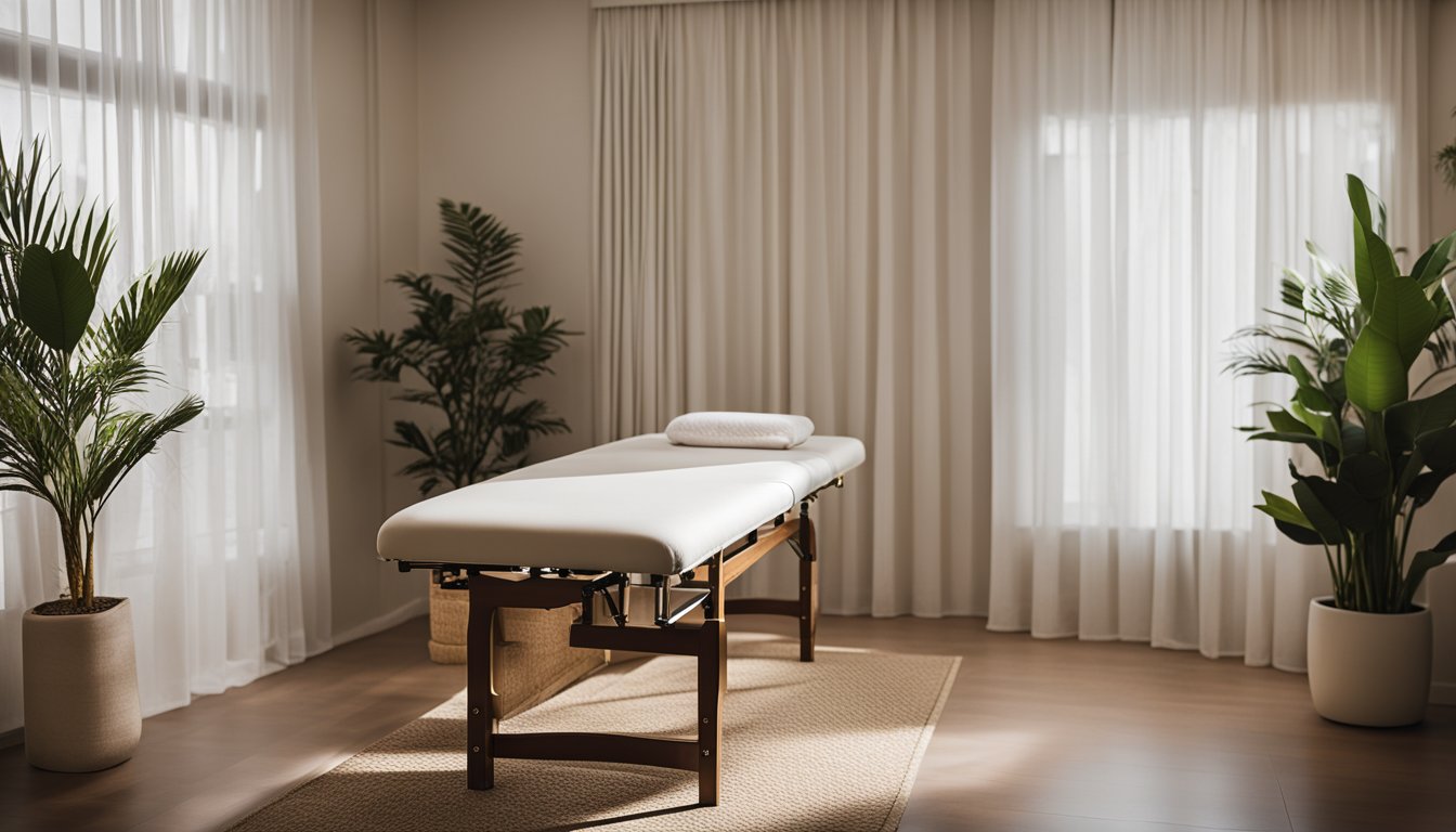 A serene acupuncture treatment room with a comfortable treatment table, soft lighting, and calming decor