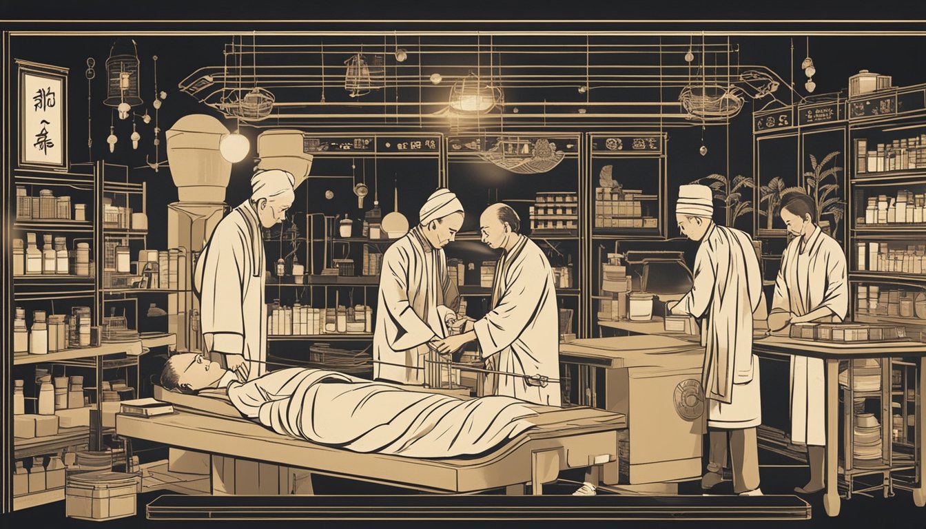 An illustration of a traditional acupuncture session with needles and herbal remedies, contrasted with a modern approach using electronic stimulation and laser therapy