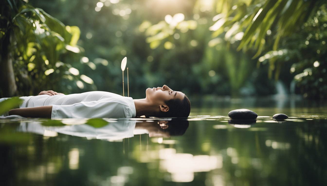 A serene setting with a person sitting or lying down, surrounded by soothing natural elements like plants, water, and soft lighting, while a skilled practitioner performs acupuncture