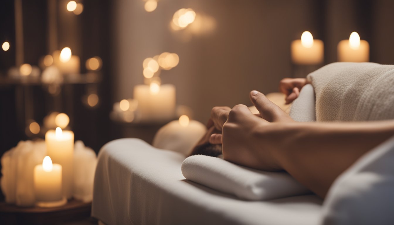 A serene room with soft lighting and a massage table. A person lies comfortably as acupuncture needles are carefully placed on their body