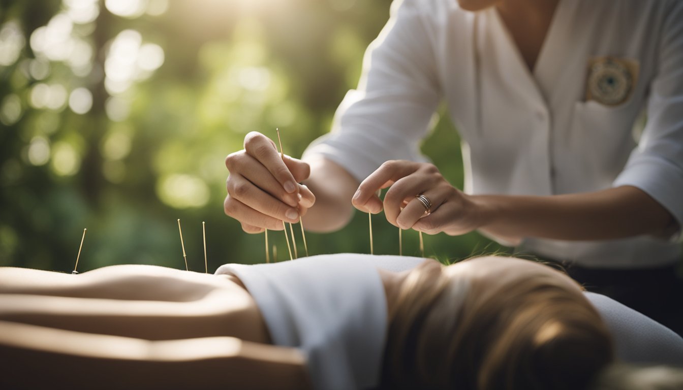 A serene setting with a person receiving acupuncture, surrounded by elements of nature and a sense of tranquility