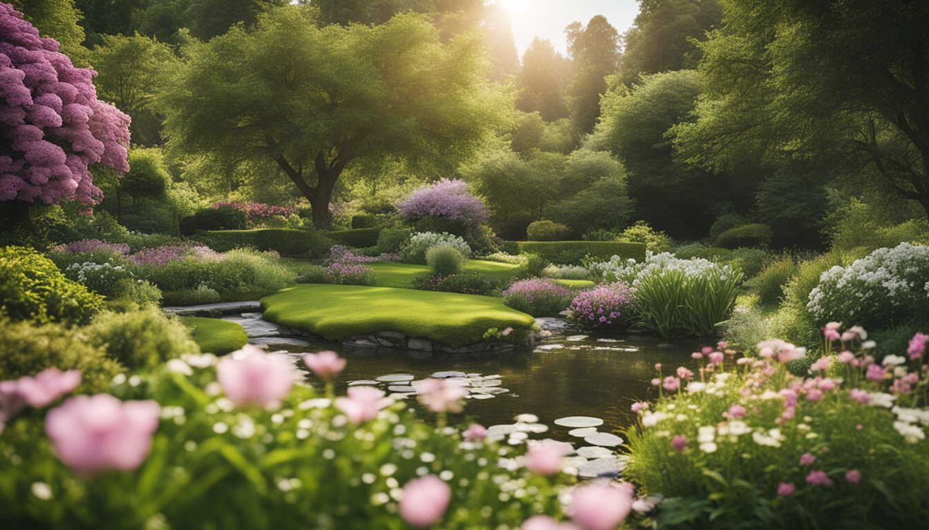 A serene setting with a tranquil atmosphere, featuring a peaceful garden with blooming flowers and a gentle stream flowing through, surrounded by lush greenery