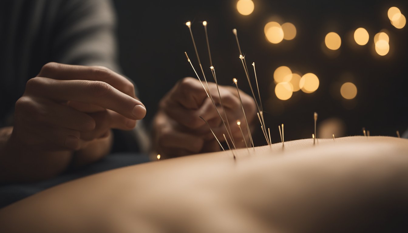 A serene, dimly lit room with a reclined figure receiving acupuncture. Soft music plays as the practitioner carefully places needles along the body's meridian points