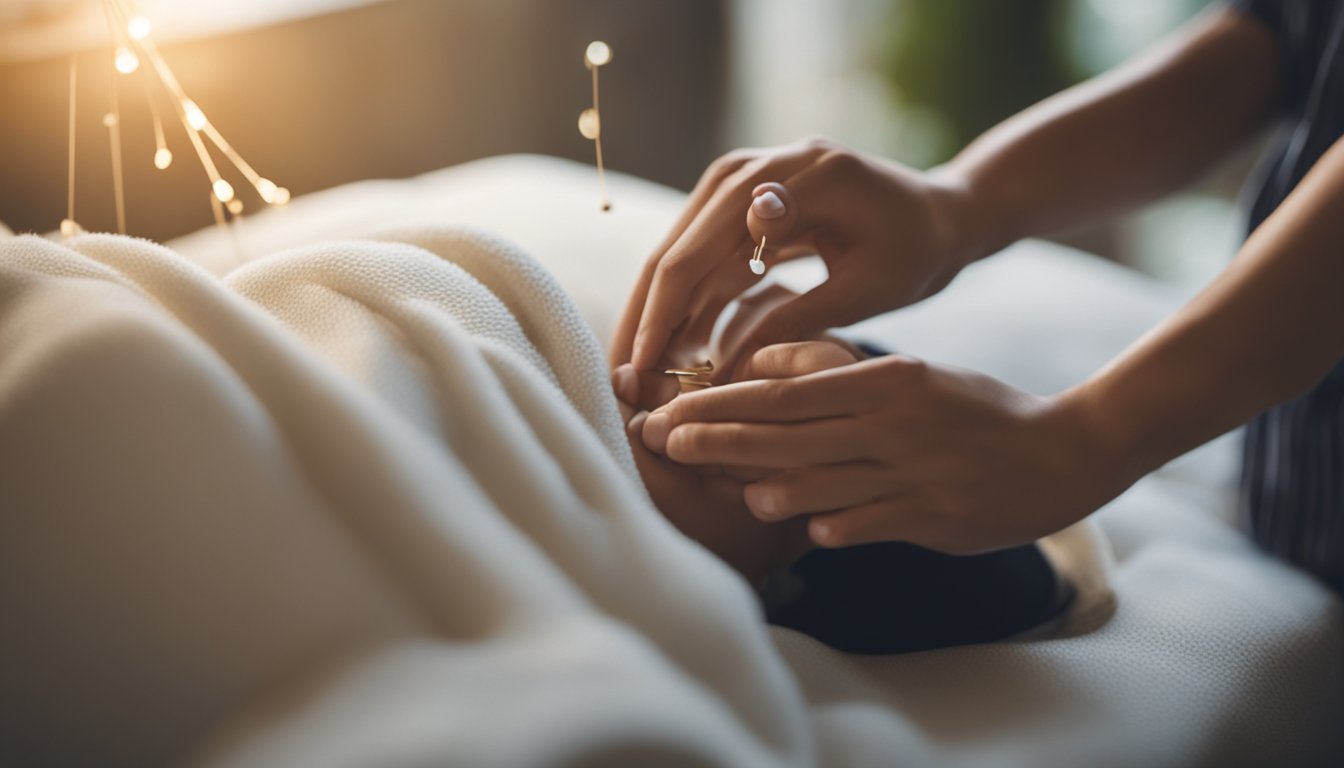 A serene setting with a person receiving acupuncture, surrounded by calming elements like soft lighting and soothing music