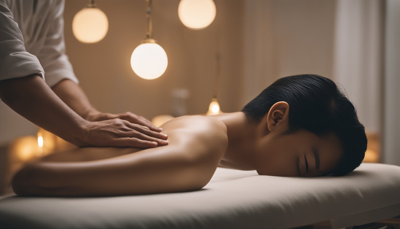 A serene treatment room with soft lighting, a comfortable treatment table, and a soothing atmosphere. A practitioner is performing acupuncture on a patient, surrounded by calming decor and natural elements