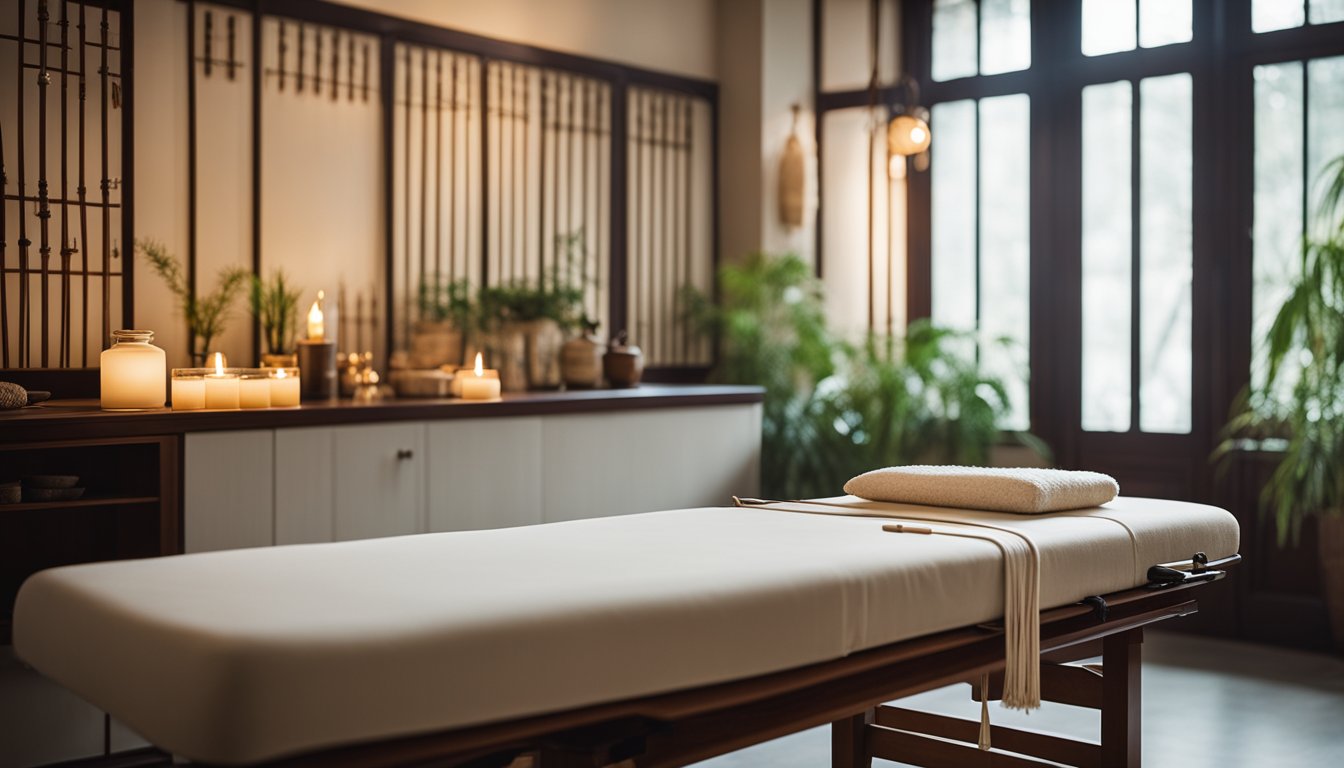 A serene treatment room with a comfortable treatment table, soft lighting, and calming decor. Acupuncture needles and other traditional Chinese medicine tools are neatly organized on a nearby table