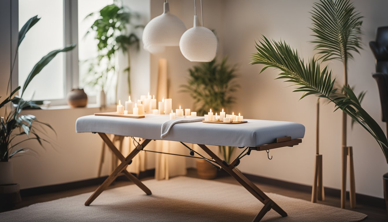 A serene treatment room with soft lighting, a comfortable treatment table, and a calming atmosphere. A practitioner is seen preparing acupuncture needles and essential oils