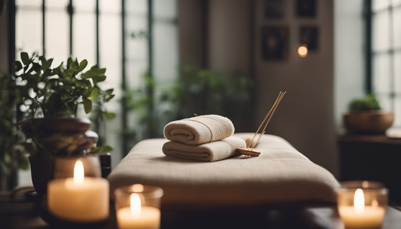 A serene acupuncture room with a treatment table, soft lighting, and calming decor. A peaceful atmosphere with incense and relaxing music