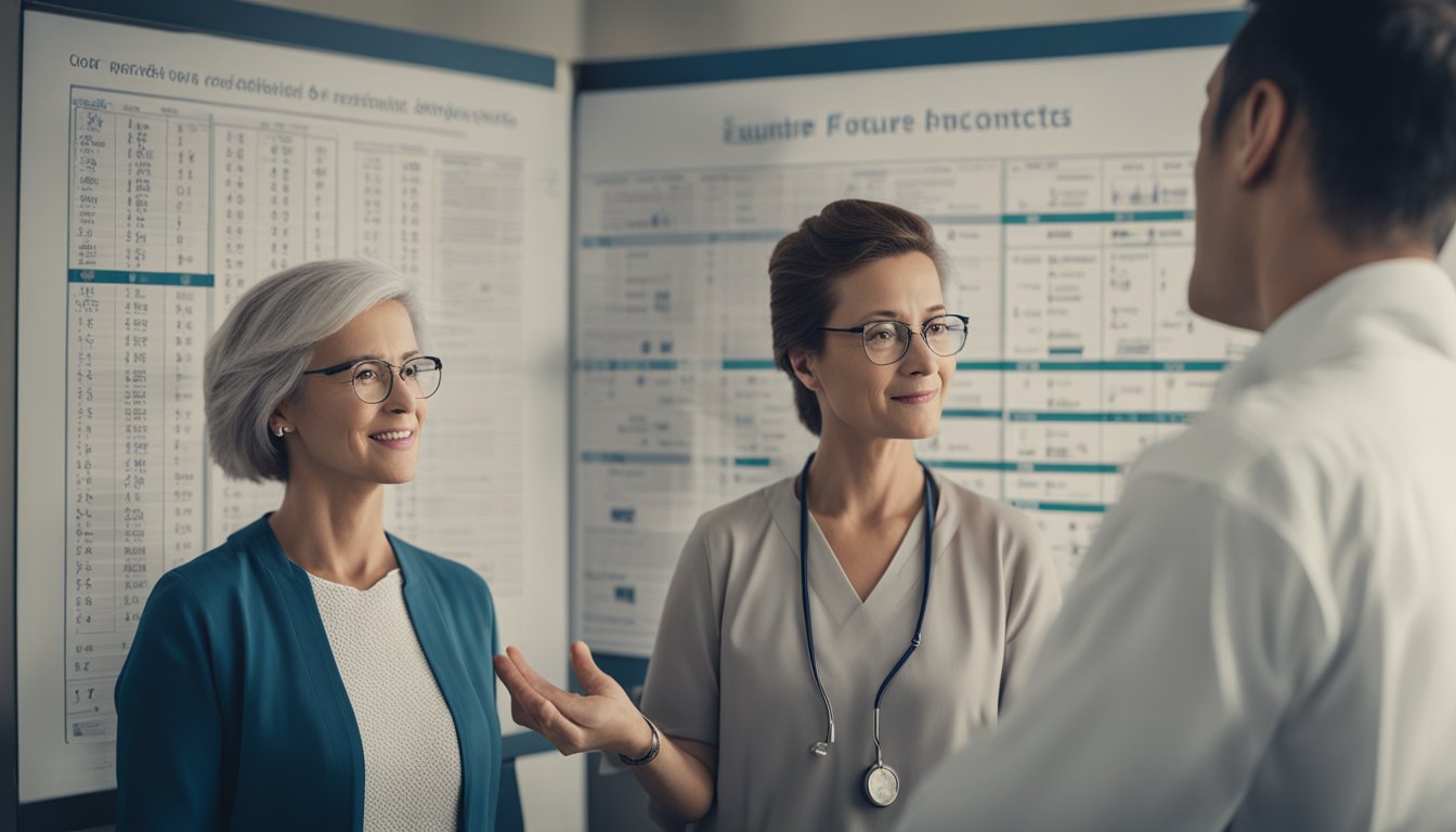 A qualified practitioner explaining acupuncture to a patient, with a chart showing potential side effects and contraindications on the wall