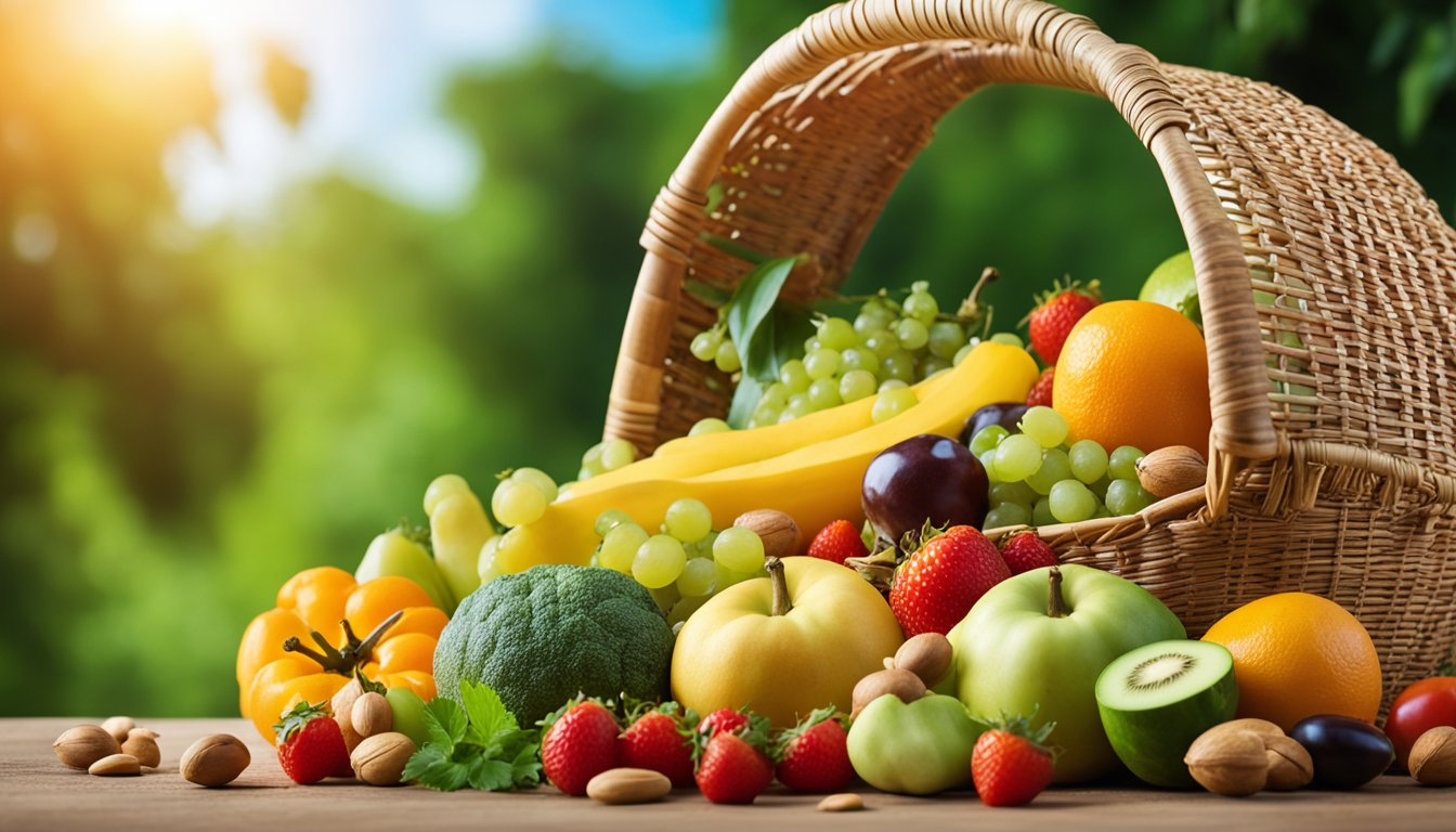 A vibrant array of fresh fruits, vegetables, grains, and nuts spill out of a woven basket, surrounded by lush greenery and a clear blue sky