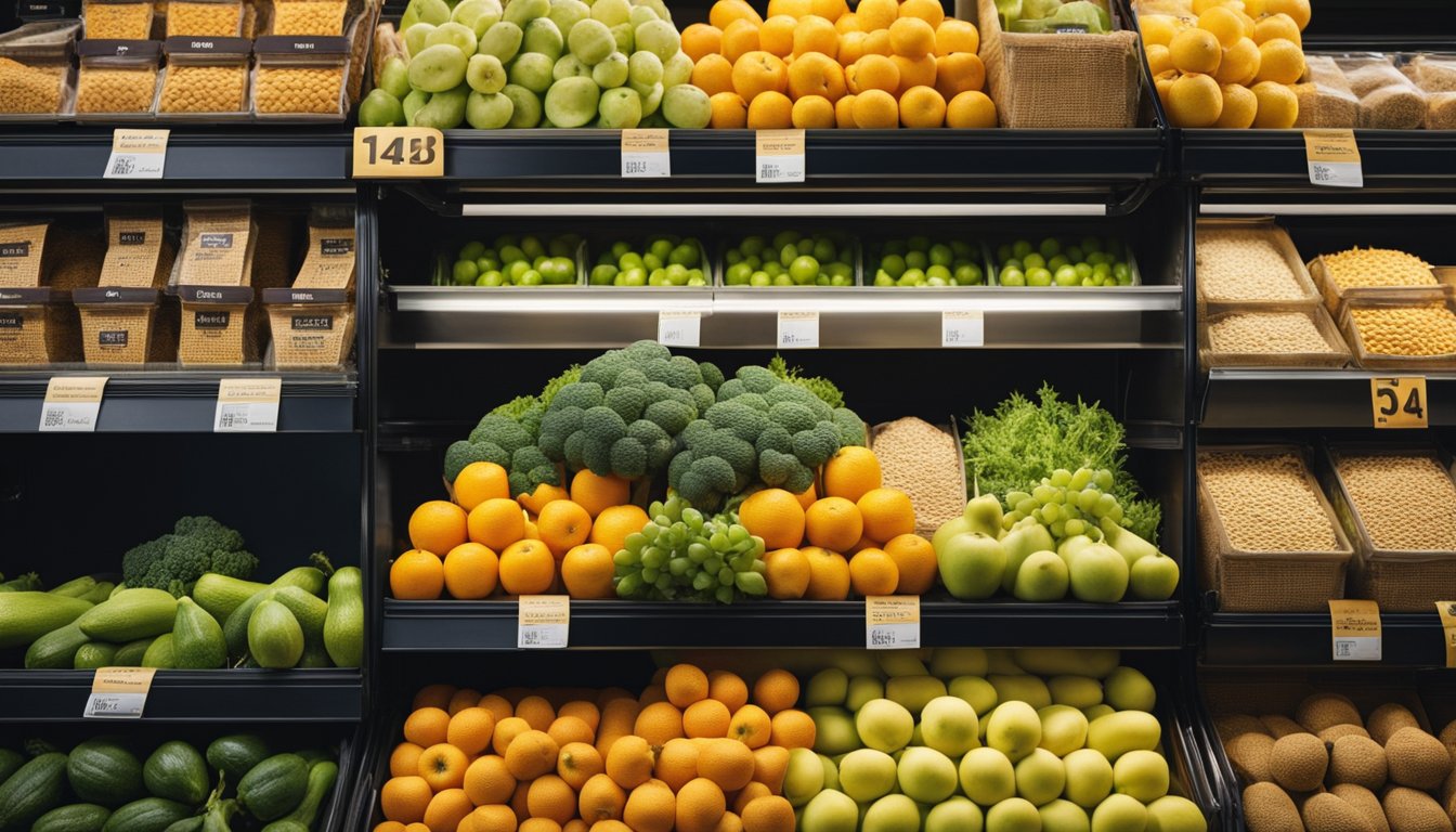 A vibrant display of fresh fruits, vegetables, and whole grains contrasts with dull, packaged processed foods on a supermarket shelf