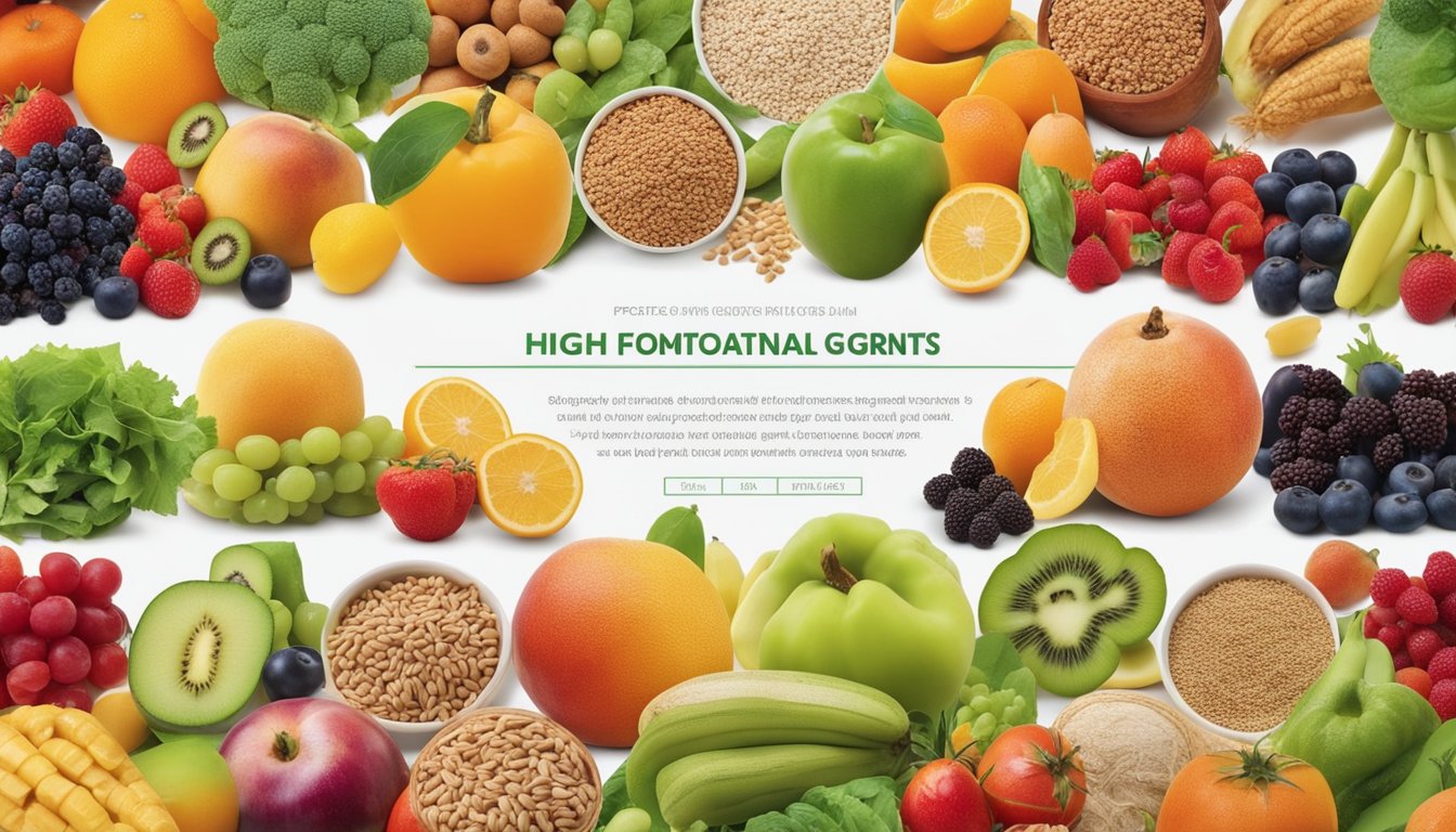 A vibrant display of colorful fruits, vegetables, and whole grains, surrounded by images of healthy digestive systems and informational charts