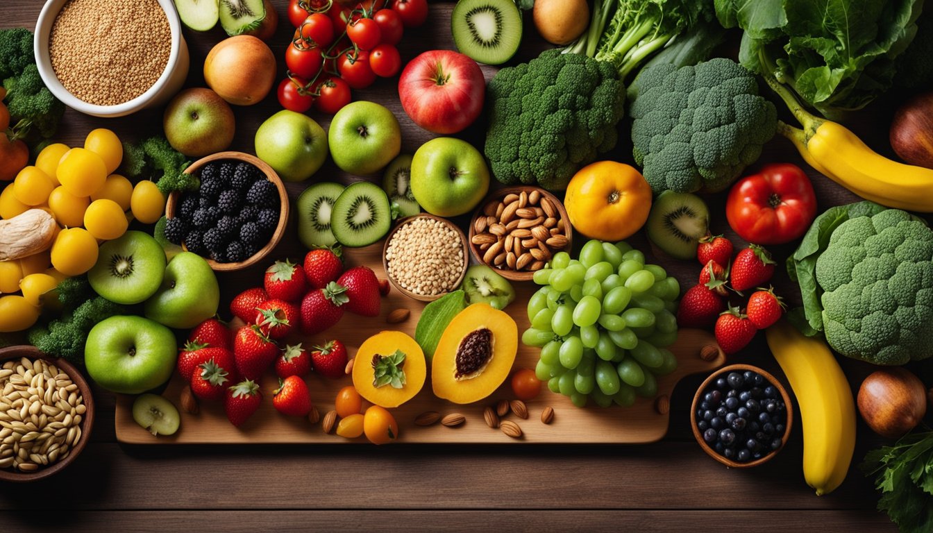 A colorful array of fresh fruits, vegetables, nuts, and grains arranged on a wooden cutting board, surrounded by a variety of whole foods