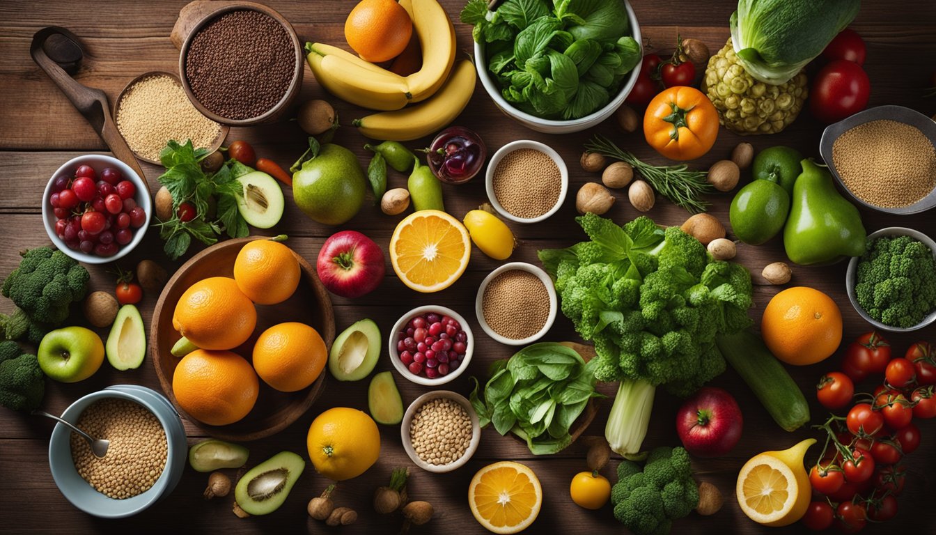 A colorful array of fresh fruits, vegetables, grains, and herbs spread out on a rustic wooden table, with pots, pans, and kitchen utensils nearby