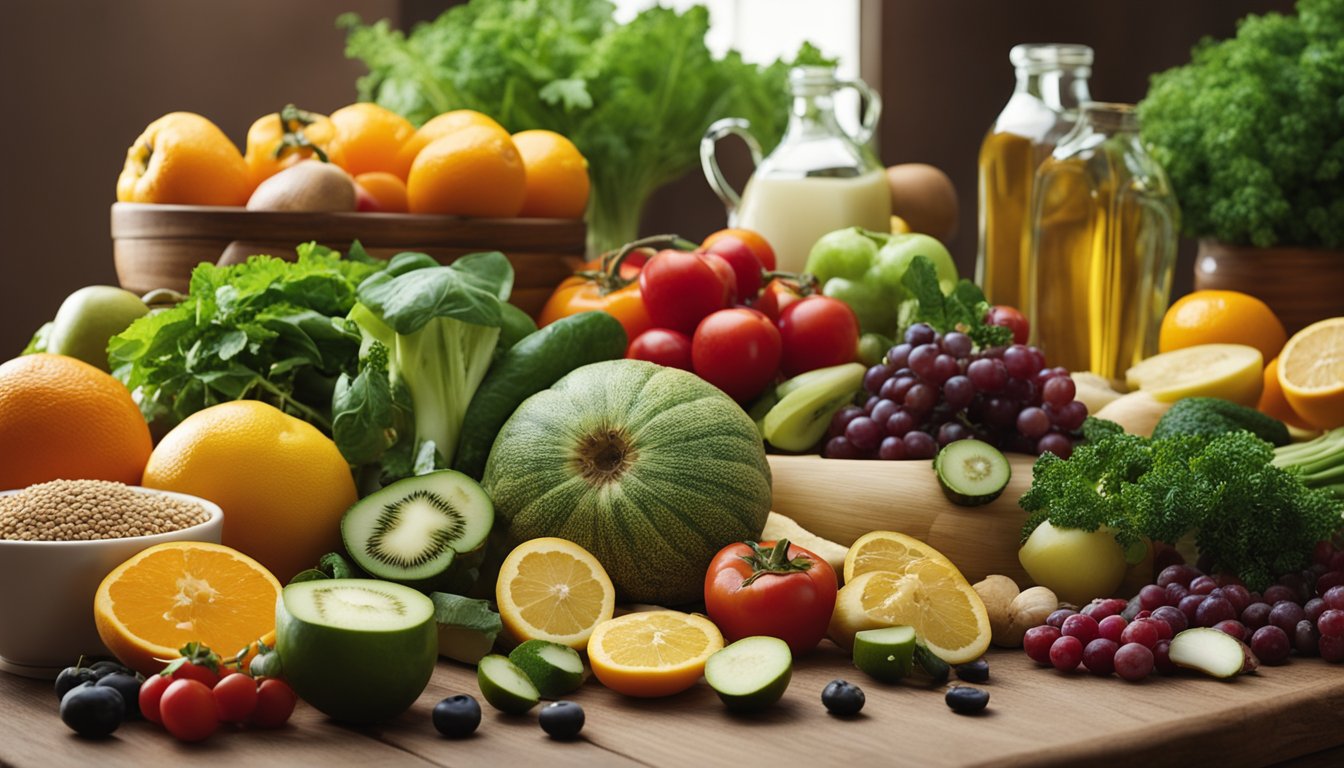 A colorful array of fresh fruits, vegetables, grains, and herbs arranged on a wooden table, with a variety of kitchen utensils and cookware scattered around