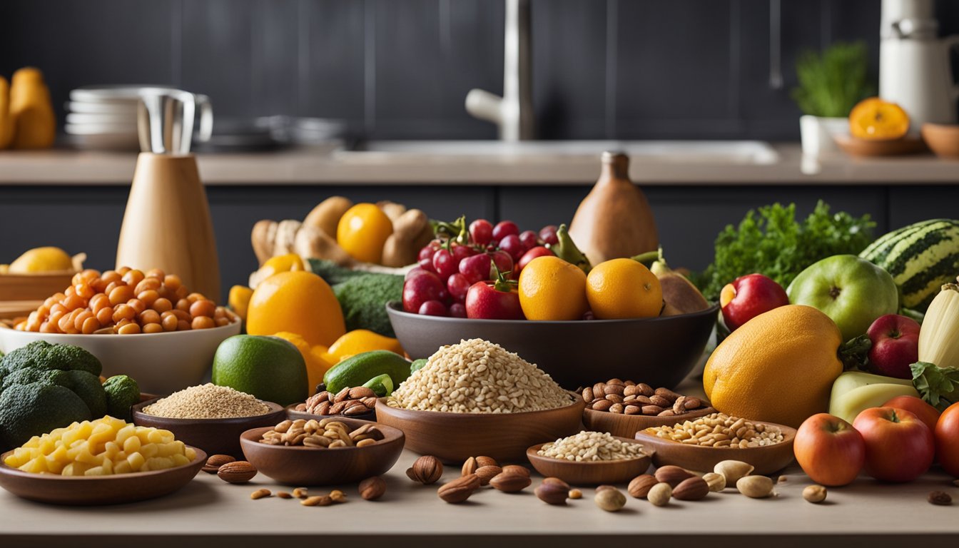 A colorful array of fresh fruits, vegetables, grains, and nuts spread out on a kitchen counter, with a variety of cooking utensils and cutting boards nearby