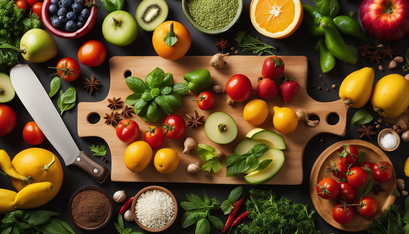 A colorful array of fresh fruits, vegetables, and herbs arranged on a wooden cutting board, surrounded by various cooking utensils and spices