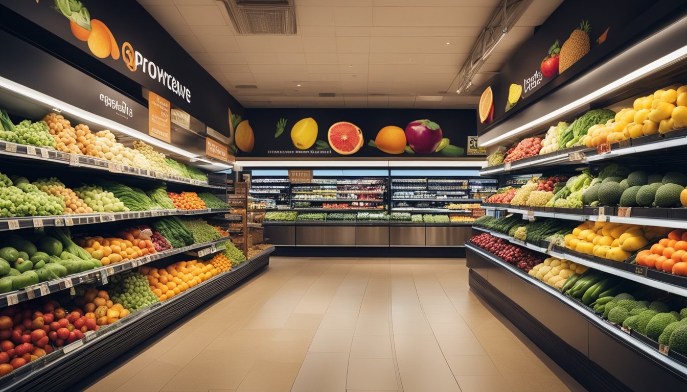 A colorful array of fresh fruits, vegetables, and whole grains fill the shelves of a modern grocery store, with vibrant signage promoting healthy eating