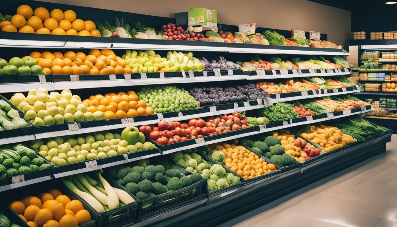 A colorful array of fresh fruits and vegetables contrasted with packaged and processed foods on a grocery store shelf