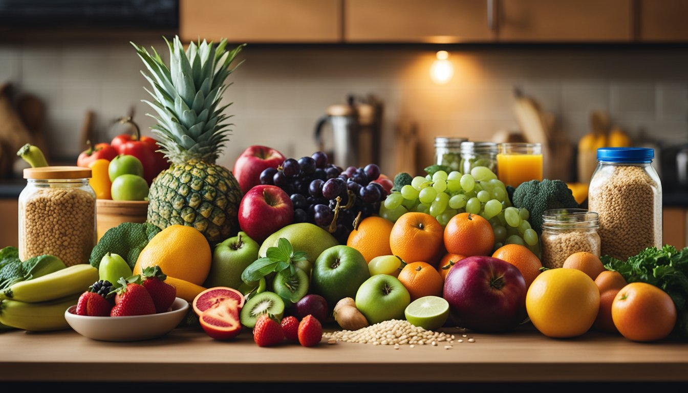 A colorful array of fresh fruits, vegetables, and grains contrasted with packaged, processed foods on a kitchen counter